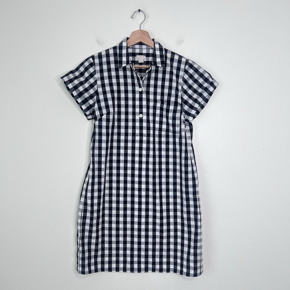 J Crew Black White Gingham Plaid Shirt Dress Button Up Short Sleeve Size S - Picture 2 of 8